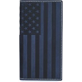 QIHEOS Full Top Grain Leather Mens Wallet with US Flag Checkbook Cover RFID Wallet Gift for Men Bi folding Long (Brown - Long)