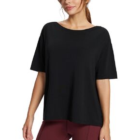 BALEAF Women's Cotton Short Sleeve Tops Loose Fit Shirts Workout Yoga Athletic Casual with Boat Neck Curved Hem in Kuwait
