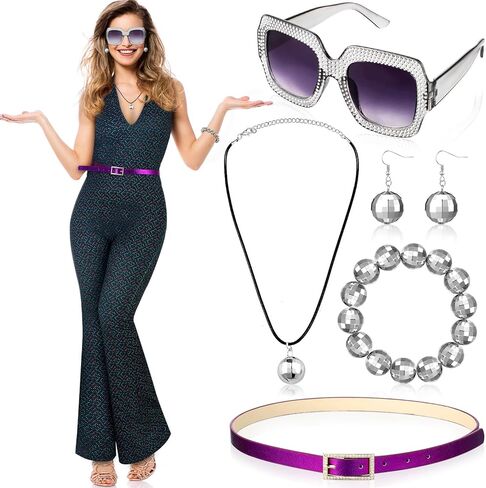 Toulite 7 Pcs 70s Disco Costume for Women Disco Jumpsuit Outfit Disco Accessories Disco Ball Earrings Necklace Bracelet Sunglasses in Kuwait