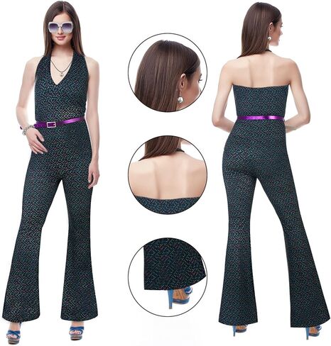 Toulite 7 Pcs 70s Disco Costume for Women Disco Jumpsuit Outfit Disco Accessories Disco Ball Earrings Necklace Bracelet Sunglasses in Kuwait