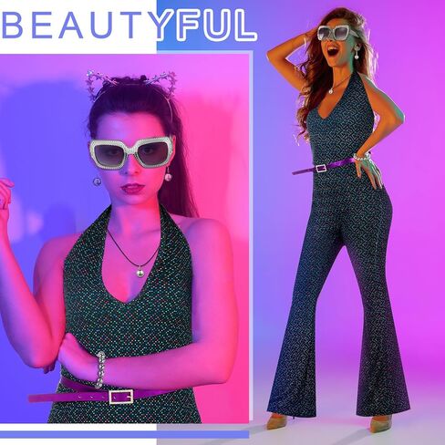 Toulite 7 Pcs 70s Disco Costume for Women Disco Jumpsuit Outfit Disco Accessories Disco Ball Earrings Necklace Bracelet Sunglasses in Kuwait