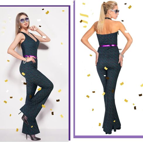 Toulite 7 Pcs 70s Disco Costume for Women Disco Jumpsuit Outfit Disco Accessories Disco Ball Earrings Necklace Bracelet Sunglasses in Kuwait