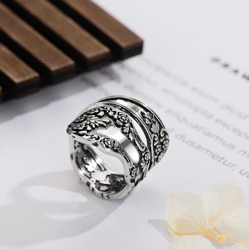 Zaoune 100% Apollo Vintage Silver Spoon Rings for Women Victorian Flower Open Adjustable Boho Floral Statement Jewelry in Kuwait