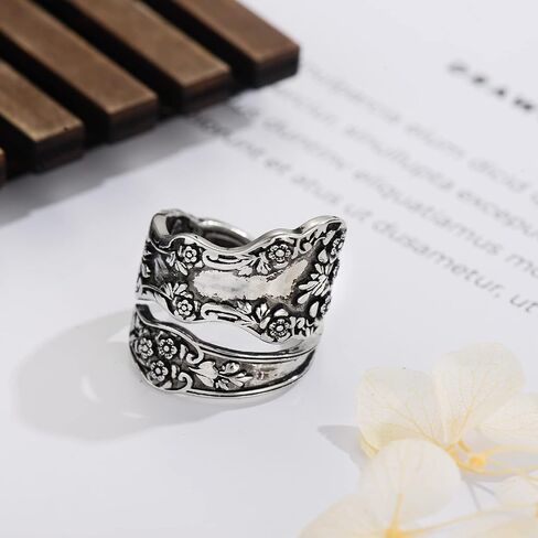 Zaoune 100% Apollo Vintage Silver Spoon Rings for Women Victorian Flower Open Adjustable Boho Floral Statement Jewelry in Kuwait