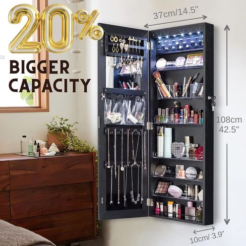 YOKUKINA LED Jewelry Cabinet Armoire Wall&Door Mounted - Full length Dressing Mirror w/Large Storage Lockable Organizer in Saudi Arabia