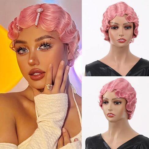 Sheila Beauty Short Wigs for Black Women Finger Wave Wig Pixie Cut Curly Wig for Women Natural Looking Black Short Hair Wig Wavy Synthetic Hair Replacement Wigs Cosplay (1B) in Kuwait