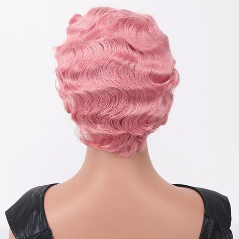 Sheila Beauty Short Wigs for Black Women Finger Wave Wig Pixie Cut Curly Wig for Women Natural Looking Black Short Hair Wig Wavy Synthetic Hair Replacement Wigs Cosplay (1B) in Kuwait