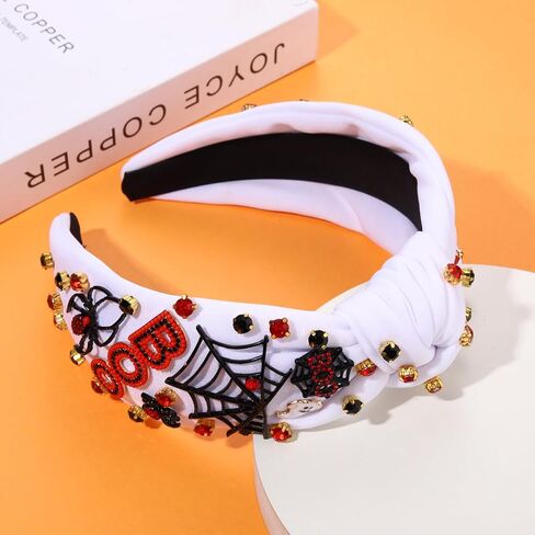Halloween Knotted Headband for Women Crystal Pumpkin Candy Corn Houndstooth Hairband Halloween Hair Accessories Gift in Kuwait
