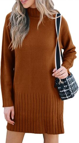 فستان سترة نسائي محبوك بياقة مدورة وأكمام طويلة من Chang Yun، فستان كاجوال فضفاض ومقاس بلوفر مضلع in Kuwait