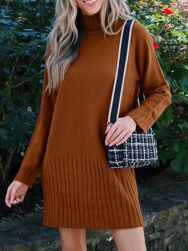 فستان سترة نسائي محبوك بياقة مدورة وأكمام طويلة من Chang Yun، فستان كاجوال فضفاض ومقاس بلوفر مضلع in Kuwait