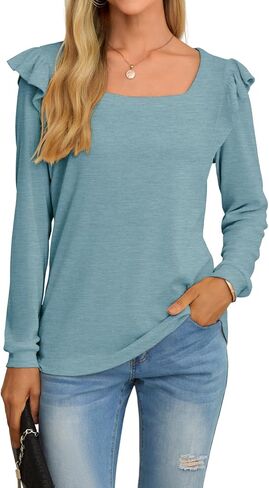 JINKESI Women Long Sleeve Tunic Tops Casual Loose Shirts Square Neck Ruffle Tops in Kuwait