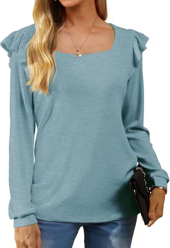 JINKESI Women Long Sleeve Tunic Tops Casual Loose Shirts Square Neck Ruffle Tops in Kuwait