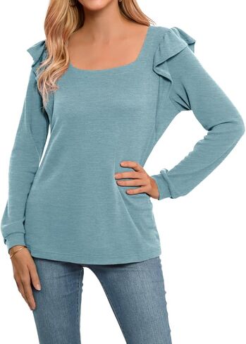JINKESI Women Long Sleeve Tunic Tops Casual Loose Shirts Square Neck Ruffle Tops in Kuwait