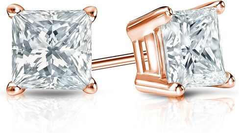 1/4 to 2 Carat Princess Cut Cubic Zirconia Square Stud Earrings for Women in 14k Rose Gold (cttw) 4-Prong Setting Push Back Studs by Diamond Wish in Kuwait