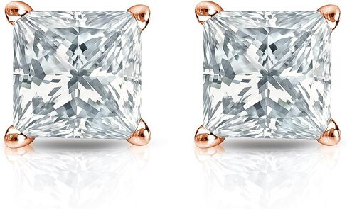 1/4 to 2 Carat Princess Cut Cubic Zirconia Square Stud Earrings for Women in 14k Rose Gold (cttw) 4-Prong Setting Push Back Studs by Diamond Wish in Kuwait