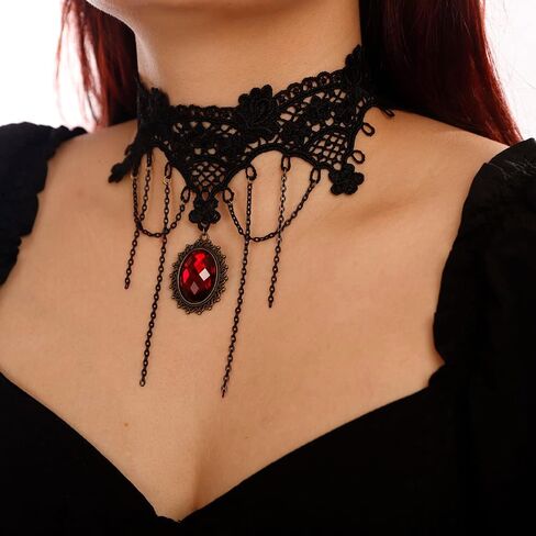 BERYUAN Gothic Style Black Lace Beads Dangle Collar Necklace Black Lace Necklace for Women and Girls Black RhineStone Choker Costume Jewelry for Teens Teen Girls (Black 2) in Saudi Arabia