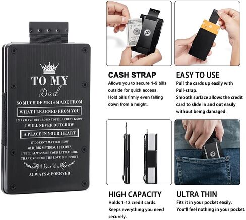 Men Minimalist Metal Engraved Wallet for Son from Mother Mom | Personalized Birthday Christmas Graduation Gift | Slim Front Pocket RFID Blocking Aluminum Tactical Pull Card Holder with Cash Strap in Kuwait
