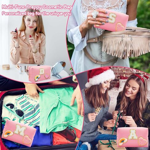 boutikpro 4PCS Premium Preppy Makeup Bag Set, Cute PU Travel Toiletry Bag for Women, Waterproof Preppy Patch Cosmetic Organizer Bag for Traveling Outdoors, Gift Ideal for Christmas Thanksgiving in Kuwait