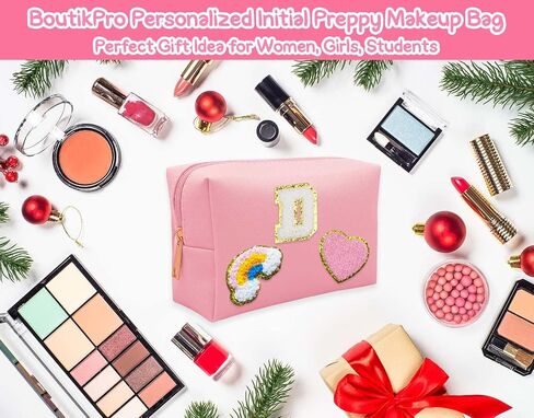 boutikpro 4PCS Premium Preppy Makeup Bag Set, Cute PU Travel Toiletry Bag for Women, Waterproof Preppy Patch Cosmetic Organizer Bag for Traveling Outdoors, Gift Ideal for Christmas Thanksgiving in Kuwait