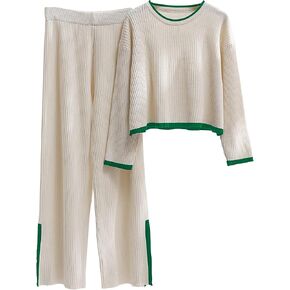 Dqbeng قطعتين ملابس للنساء سترة مجموعة صالة مجموعة محبوك كم طويل البلوز بنطال ذو قصة أرجل واسعة ملابس الخريف in Kuwait