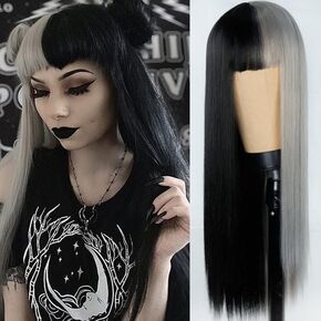 Swiking Half Pink Half Black Long Straight Lolita Wig Cosplay Bangs Hair Natural Synthetic Wig for Women (Half Pink Half Black)