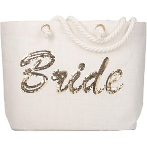 ELEGANTPARK Bridal Shower Gifts for Bride Tote Large Bride Bag Bride Gifts for Engagement Wedding Party Honeymoon Beach Bag Jute Silver Sequin Interior Pocket