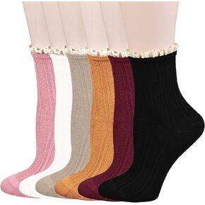 SWANONLAND Cute Frilly Ankle Socks For Women Vintage Trim Socks 6 Pairs