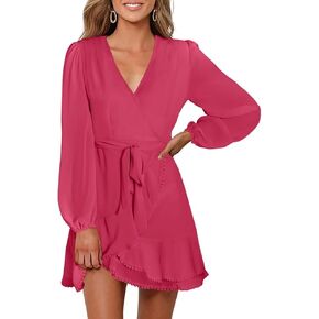 فساتين FARYSAYS للسيدات 2023 كاجوال بأكمام طويلة وفتحة رقبة على شكل V فساتين قصيرة لحفلات الزفاف للضيوف فستان مكشكش متدفق in Kuwait