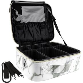 Oewoer Travel Makeup Train Case PU Leather Professional Makeup Case 16" with Adjustable Strap Portable Cosmetic Organizer Artist Storage Bag for Toiletry Jewelry Digital Accessories (L-Black)