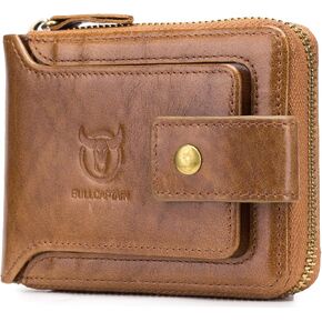 BULLCAPTAIN Genuine Leather Men Wallet with ID Window RFID Blocking Zipper Bifold Wallets Multi Card Holder Zip Coin Purse (Black)