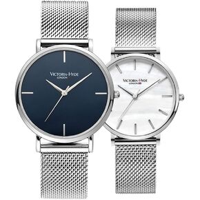 VICTORIA HYDE Couple Watches for Men Women Genuine Leather Strap Stainless Steel Mesh Band His and Hers Waterproof Quartz Wristwatch Gifts Set for Lovers in Kuwait