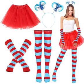 Toulite 4 Pcs Tulle Tutu Costume Set 4 Layered Red Tulle Tutus Skirts Ponytails Blue Headband Long Arm Warmer Gloves Thigh High Striped Socks for Women Girls Adult Halloween Party Cosplay Outfit, S in Kuwait