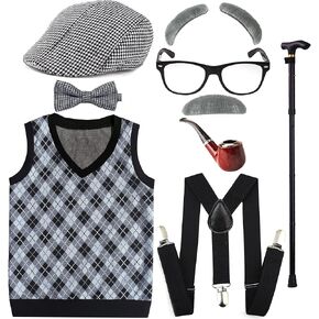 EFORLED Kids 100 Days of School Costume for Boys - Halloween Old Man Costume Hat, Glasses and Grandpa Vest Set for Child,LightGrey2-10 in Saudi Arabia