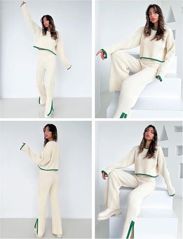 Dqbeng قطعتين ملابس للنساء سترة مجموعة صالة مجموعة محبوك كم طويل البلوز بنطال ذو قصة أرجل واسعة ملابس الخريف in Kuwait