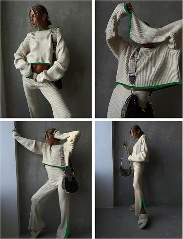 Dqbeng قطعتين ملابس للنساء سترة مجموعة صالة مجموعة محبوك كم طويل البلوز بنطال ذو قصة أرجل واسعة ملابس الخريف in Kuwait