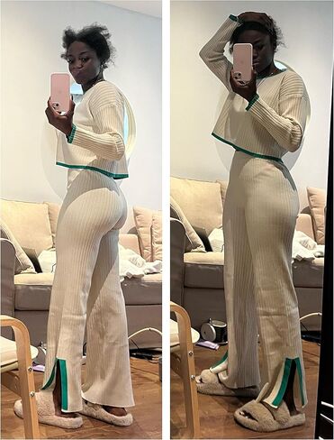 Dqbeng قطعتين ملابس للنساء سترة مجموعة صالة مجموعة محبوك كم طويل البلوز بنطال ذو قصة أرجل واسعة ملابس الخريف in Kuwait