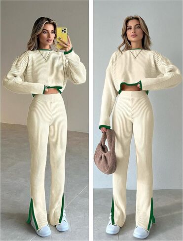 Dqbeng قطعتين ملابس للنساء سترة مجموعة صالة مجموعة محبوك كم طويل البلوز بنطال ذو قصة أرجل واسعة ملابس الخريف in Kuwait