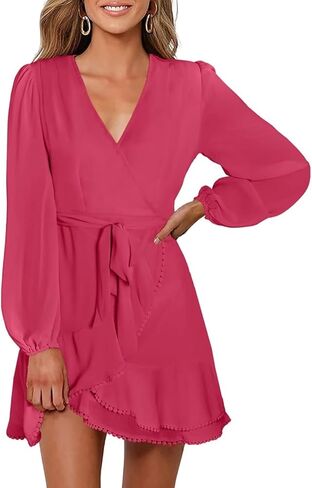 فساتين FARYSAYS للسيدات 2023 كاجوال بأكمام طويلة وفتحة رقبة على شكل V فساتين قصيرة لحفلات الزفاف للضيوف فستان مكشكش متدفق in Kuwait