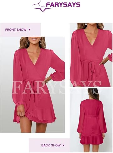 فساتين FARYSAYS للسيدات 2023 كاجوال بأكمام طويلة وفتحة رقبة على شكل V فساتين قصيرة لحفلات الزفاف للضيوف فستان مكشكش متدفق in Kuwait