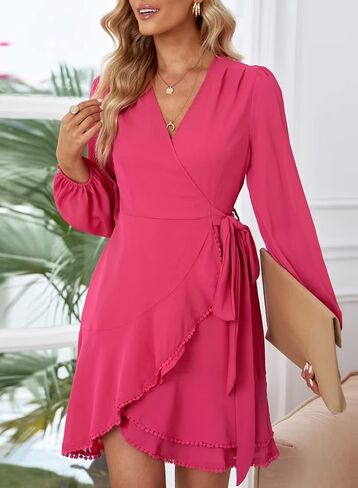 فساتين FARYSAYS للسيدات 2023 كاجوال بأكمام طويلة وفتحة رقبة على شكل V فساتين قصيرة لحفلات الزفاف للضيوف فستان مكشكش متدفق in Kuwait