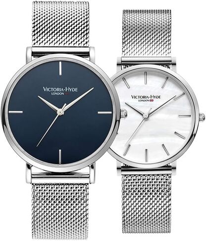 VICTORIA HYDE Couple Watches for Men Women Genuine Leather Strap Stainless Steel Mesh Band His and Hers Waterproof Quartz Wristwatch Gifts Set for Lovers in Kuwait