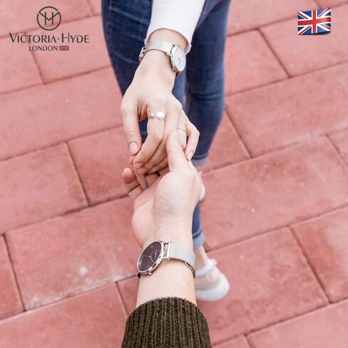 VICTORIA HYDE Couple Watches for Men Women Genuine Leather Strap Stainless Steel Mesh Band His and Hers Waterproof Quartz Wristwatch Gifts Set for Lovers in Kuwait