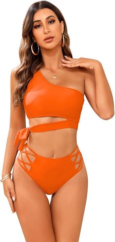 NIUBIA Women's Bikini One Shoulder Cutout Waisted Tummy Control Two Piece Bathing Suits Tie Side High Waisted Bikini in Kuwait