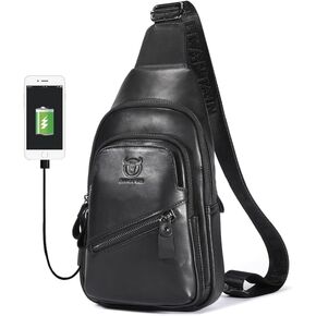 BULLCAPTAIN Leather Sling Chest Bag for Men Outdoor Hiking Travel Crossbody Bag Backpack with USB Charging Port in Kuwait