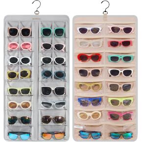 BAGSMART Hanging Jewelry Organizer, Dust Proof Sunglasses Storage Case Wall Mounted, Travel Dual Sided Glasses Case Multiple Pairs, Eyeglasses Holder with 32 Clear Slots & Metal Hook, Black
