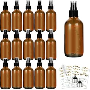 CycleMore 25 Pack 4oz Blue Glass Spray Bottles with Fine Mist Sprayers, Glass Travel Bottles for Cosmetic Essential Oils Cleaning Solutions Perfumes & More Liquids (1 Brush, 2 Funnels and 36 Labels)