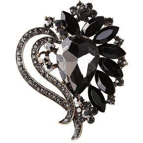 SELOVO Black Leaf Bouquet Scarf Brooch Pin Austrian Crystal Antiqued Silver Tone