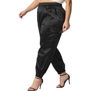Agnes Orinda Plus Size Satin Joggers for Women Elastic Waist Athleisure Ankle Length Cargo Pants with Pocket in Kuwait