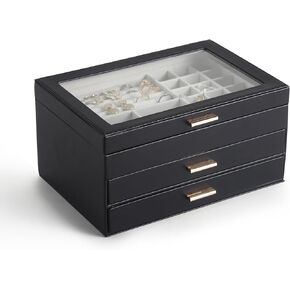 CASEGRACE Jewelry Box for Women, 3 Layer Double Drawer Jewelry Organizer Glass Lid, Large Jewelry Display Case for Necklace Bracelet Earrings Rings Storage for Dresser, Black