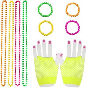 80s Women Costume Accessories Set Acrylic Neon Bead Necklace Bracelet Colorful Fingerless Short Fishnet Gloves for 80's Party in Kuwait